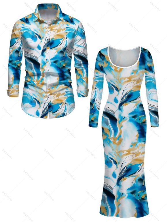 Vacation Couple Outfit Marble Fluid Print U Neck Bodycon Dress and Long Sleeve Shirt Set - Bleu Ciel S | US 4