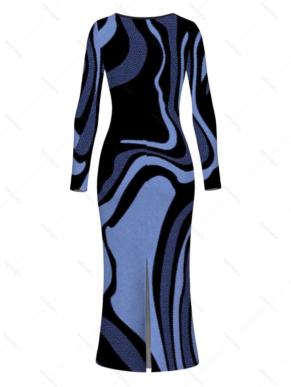 Vacation Couple Outfit Psychedelic Wave Print U Neck Long Sleeve Bodycon Maxi Dress and Shirt Set - Bleu S | US 4