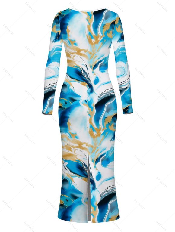 Vacation Couple Outfit Marble Fluid Print U Neck Bodycon Dress and Long Sleeve Shirt Set - Bleu Ciel S | US 4