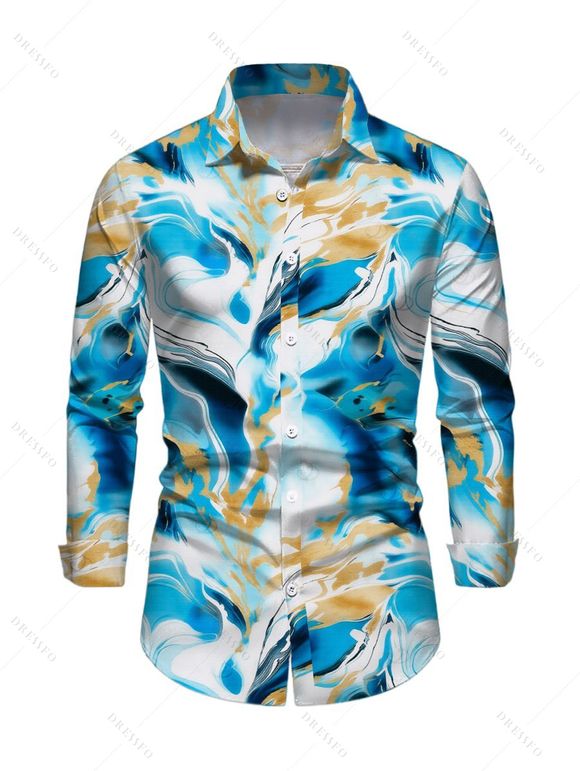 Vacation Couple Outfit Marble Fluid Print U Neck Bodycon Dress and Long Sleeve Shirt Set - Bleu Ciel S | US 4