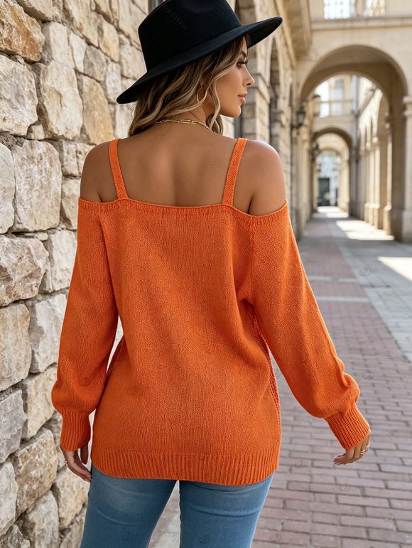 Solid Color Pullover Sweater Geometric Textured Lantern Sleeve Cold Shoulder Sweater - Orange M | US 6