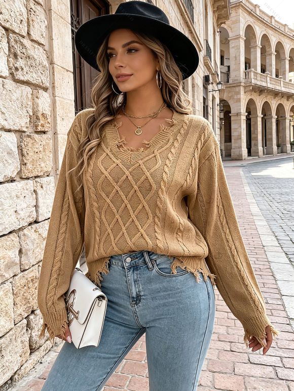 Off Shoulder Sweater Distressed Cable Knit Fringe Hem Solid Color Long Sleeve Sweater - café lumière M | US 6