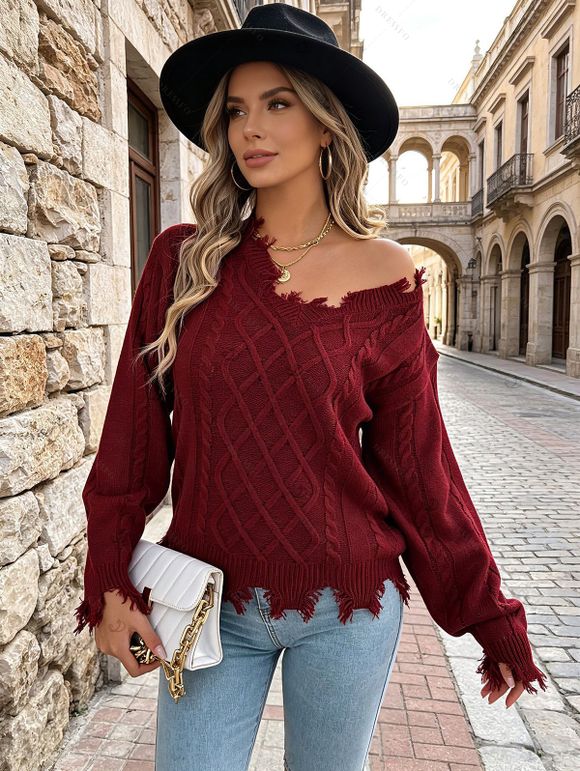 Off Shoulder Sweater Distressed Cable Knit Fringe Hem Solid Color Long Sleeve Sweater - Rouge Vineux XL | US 12