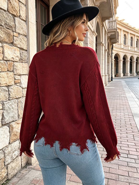 Off Shoulder Sweater Distressed Cable Knit Fringe Hem Solid Color Long Sleeve Sweater - Rouge Vineux XL | US 12