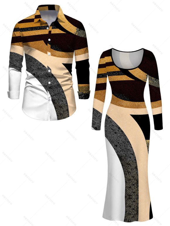 Vacation Couple Outfit Colorblock Geometric Patchwork Print U Neck Bodycon Dress and Long Sleeve Shirt Set - Noir S | US 4