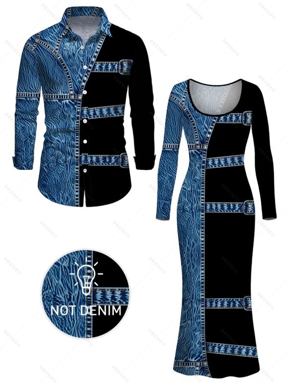 Vacation Couple Outfit Colorblock Faux Denim Print U Neck Bodycon Dress and Long Sleeve Shirt Set - Bleu S | US 4