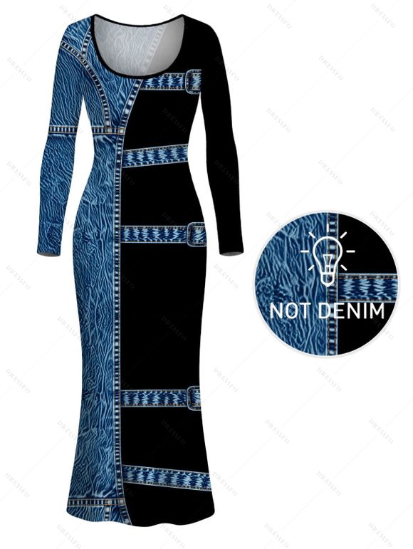 Vacation Couple Outfit Colorblock Faux Denim Print U Neck Bodycon Dress and Long Sleeve Shirt Set - Bleu S | US 4