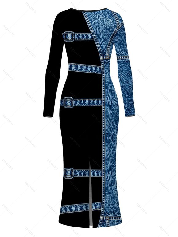 Vacation Couple Outfit Colorblock Faux Denim Print U Neck Bodycon Dress and Long Sleeve Shirt Set - Bleu S | US 4