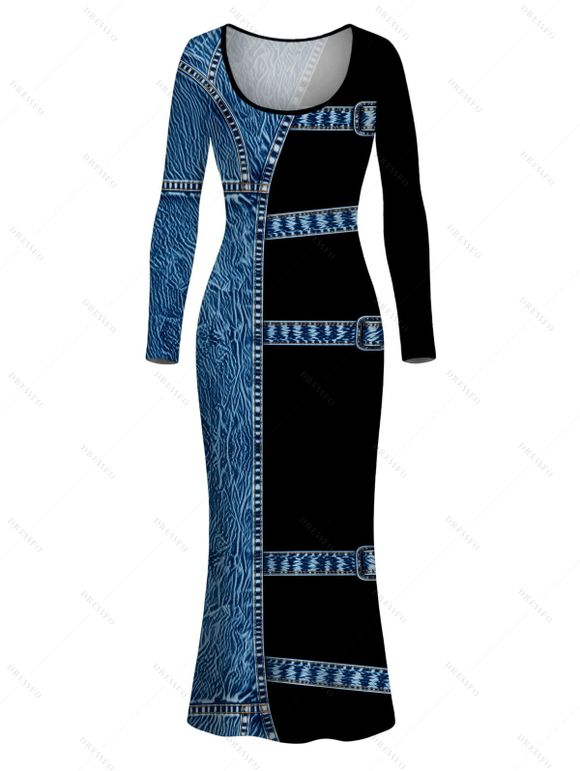 Vacation Couple Outfit Colorblock Faux Denim Print U Neck Bodycon Dress and Long Sleeve Shirt Set - Bleu S | US 4