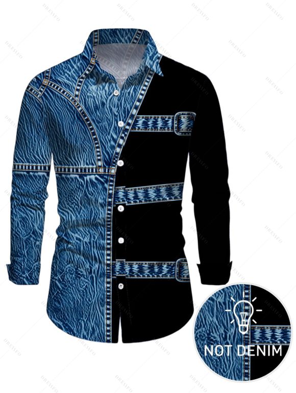 Vacation Couple Outfit Colorblock Faux Denim Print U Neck Bodycon Dress and Long Sleeve Shirt Set - Bleu S | US 4