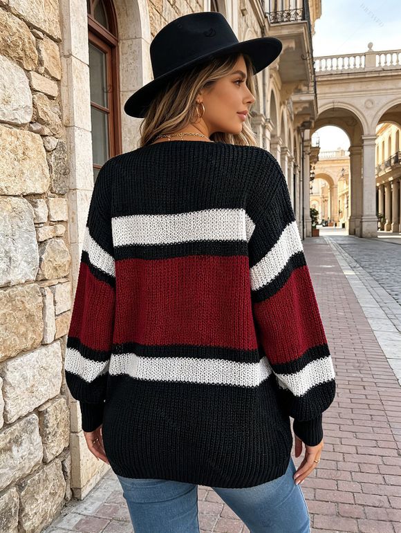 Colorblock Cardigan Open Front Striped Long Sleeve Sweater - Rouge Vineux XL | US 12