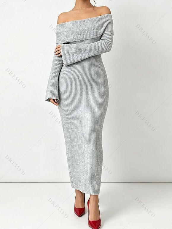 Solid Color Sweater Dress Textured Off the Shoulder Bell Sleeve Bodycon Dress - Gris Clair M | US 6