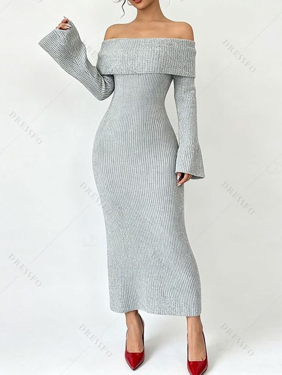 Solid Color Sweater Dress Textured Off the Shoulder Bell Sleeve Bodycon Dress - Gris Clair M | US 6