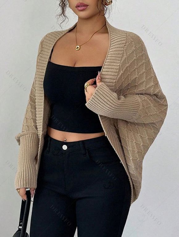 Solid Color Sweater Cardigan Geometric Textured Batwing Sleeve Open Front Cropped Coat - café XL | US 10