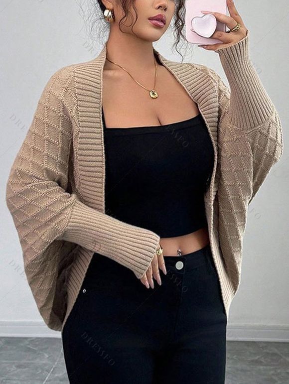 Solid Color Sweater Cardigan Geometric Textured Batwing Sleeve Open Front Cropped Coat - café XL | US 10