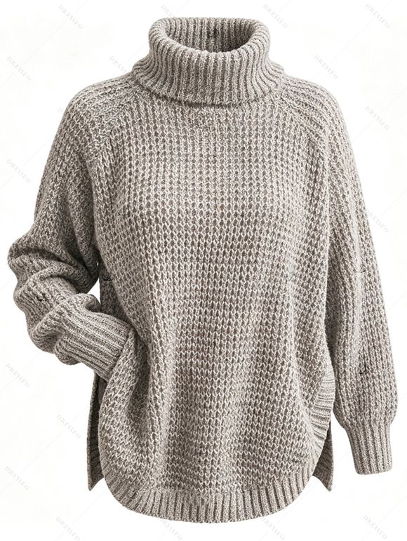 Solid Color Sweater Textured Turtleneck Long Sleeve Slit Curved Hem Pullover Sweater - café XL | US 10