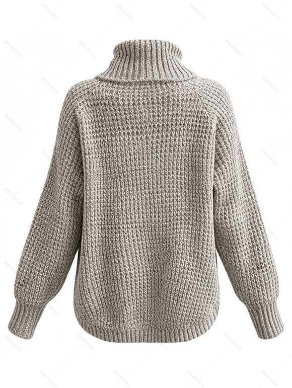 Solid Color Sweater Textured Turtleneck Long Sleeve Slit Curved Hem Pullover Sweater - café XL | US 10