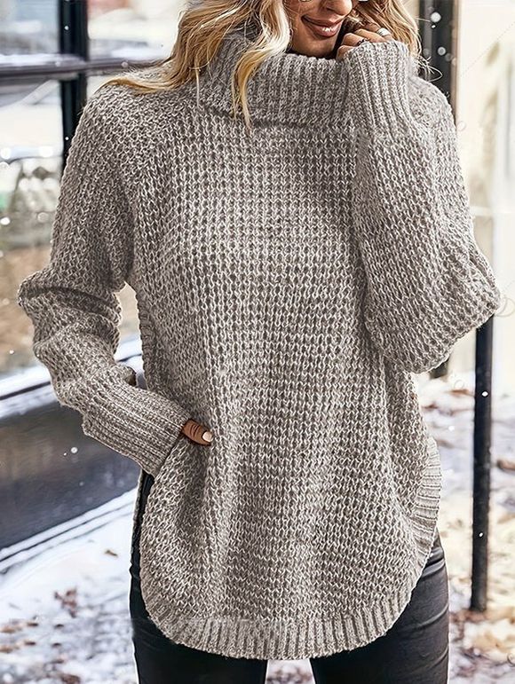 Solid Color Sweater Textured Turtleneck Long Sleeve Slit Curved Hem Pullover Sweater - café XL | US 10