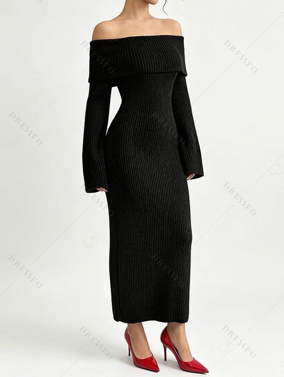 Solid Color Sweater Dress Textured Off the Shoulder Bell Sleeve Bodycon Dress - Noir XL | US 10