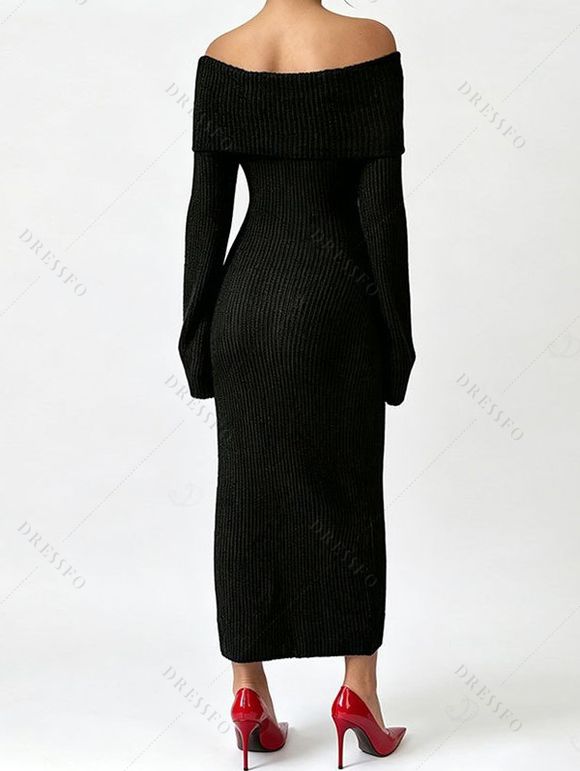 Solid Color Sweater Dress Textured Off the Shoulder Bell Sleeve Bodycon Dress - Noir XL | US 10