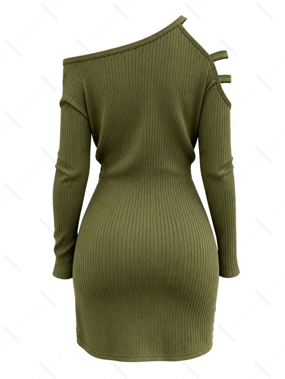 Streetwear Dress Solid Color Skew Neck Cut Out Mock Button Ruched Asymmetrical Bodycon Dress - Vert Armée XXL | US 14