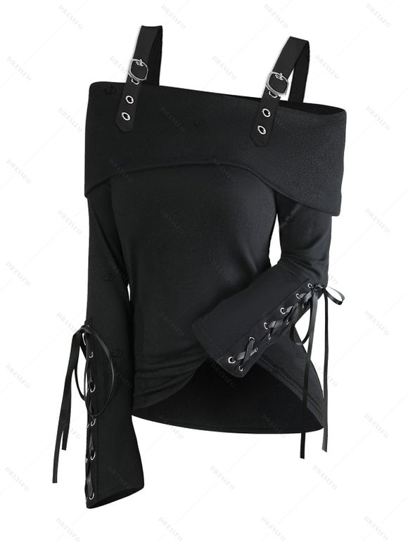 Daily Women Outfit Solid Color Bucket Strap Foldover Cold Shoulder Lace Up Sleeve Top and Grommet Chain Embellishment Skinny Pants Set - Noir S | US 4