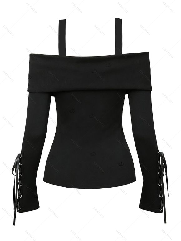 Daily Women Outfit Solid Color Bucket Strap Foldover Cold Shoulder Lace Up Sleeve Top and Grommet Chain Embellishment Skinny Pants Set - Noir S | US 4