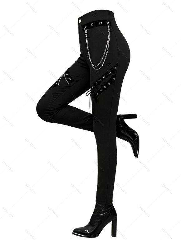 Daily Women Outfit Solid Color Bucket Strap Foldover Cold Shoulder Lace Up Sleeve Top and Grommet Chain Embellishment Skinny Pants Set - Noir S | US 4
