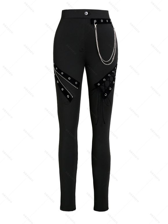 Daily Women Outfit Solid Color Bucket Strap Foldover Cold Shoulder Lace Up Sleeve Top and Grommet Chain Embellishment Skinny Pants Set - Noir S | US 4