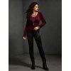Casual Women Outfit Solid Color Grommet Lace Up Round Neck Top and Chain Embellishment Skinny Pants Set - DEEP RED S | US 4