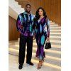 Vacation Couple Outfit Abstract Brush Stroke Print Skew Neck Mesh Bodycon Dress and Long Sleeve Shirt Set - multicolor S | US 4