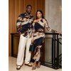 Vacation Couple Outfit Abstract Brush Stroke Print Mesh Skew Neck Bodycon Dress and Long Sleeve Shirt Set - multicolor S | US 4