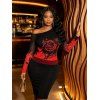 Gothic Top Rose Floral Butterfly Print Colorblock Mesh Panel Skew Neck Cropped Top - Rouge XXL | US 14