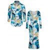 Vacation Couple Outfit Marble Fluid Print U Neck Bodycon Dress and Long Sleeve Shirt Set - Bleu Ciel S | US 4