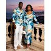 Vacation Couple Outfit Marble Fluid Print U Neck Bodycon Dress and Long Sleeve Shirt Set - Bleu Ciel S | US 4