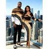 Vacation Couple Outfit Colorblock Geometric Patchwork Print U Neck Bodycon Dress and Long Sleeve Shirt Set - Noir S | US 4