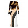 Vacation Couple Outfit Colorblock Geometric Patchwork Print U Neck Bodycon Dress and Long Sleeve Shirt Set - Noir S | US 4