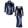 Vacation Couple Outfit Psychedelic Wave Print U Neck Long Sleeve Bodycon Maxi Dress and Shirt Set - Bleu S | US 4