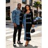 Vacation Couple Outfit Colorblock Faux Denim Print U Neck Bodycon Dress and Long Sleeve Shirt Set - Bleu S | US 4