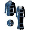 Vacation Couple Outfit Colorblock Faux Denim Print U Neck Bodycon Dress and Long Sleeve Shirt Set - Bleu S | US 4