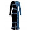 Vacation Dress Colorblock Faux Denim Print U Neck Long Sleeve Bodycon Dress - Bleu M | US 6