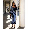 Vacation Dress Psychedelic Wave Print U Neck Long Sleeve Bodycon Maxi Dress - Bleu XXL | US 14