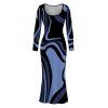 Vacation Dress Psychedelic Wave Print U Neck Long Sleeve Bodycon Maxi Dress - Bleu XXL | US 14