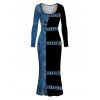 Vacation Dress Colorblock Faux Denim Print U Neck Long Sleeve Bodycon Dress - Bleu XXL | US 14