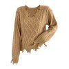 Off Shoulder Sweater Distressed Cable Knit Fringe Hem Solid Color Long Sleeve Sweater - café lumière M | US 6