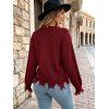Off Shoulder Sweater Distressed Cable Knit Fringe Hem Solid Color Long Sleeve Sweater - Rouge Vineux XL | US 12