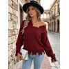 Off Shoulder Sweater Distressed Cable Knit Fringe Hem Solid Color Long Sleeve Sweater - Rouge Vineux XL | US 12