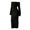 Solid Color Sweater Dress Textured Off the Shoulder Bell Sleeve Bodycon Dress - Noir XL | US 10