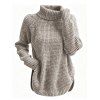 Solid Color Sweater Textured Turtleneck Long Sleeve Slit Curved Hem Pullover Sweater - café XL | US 10
