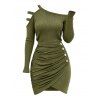 Streetwear Dress Solid Color Skew Neck Cut Out Mock Button Ruched Asymmetrical Bodycon Dress - Vert Armée XXL | US 14